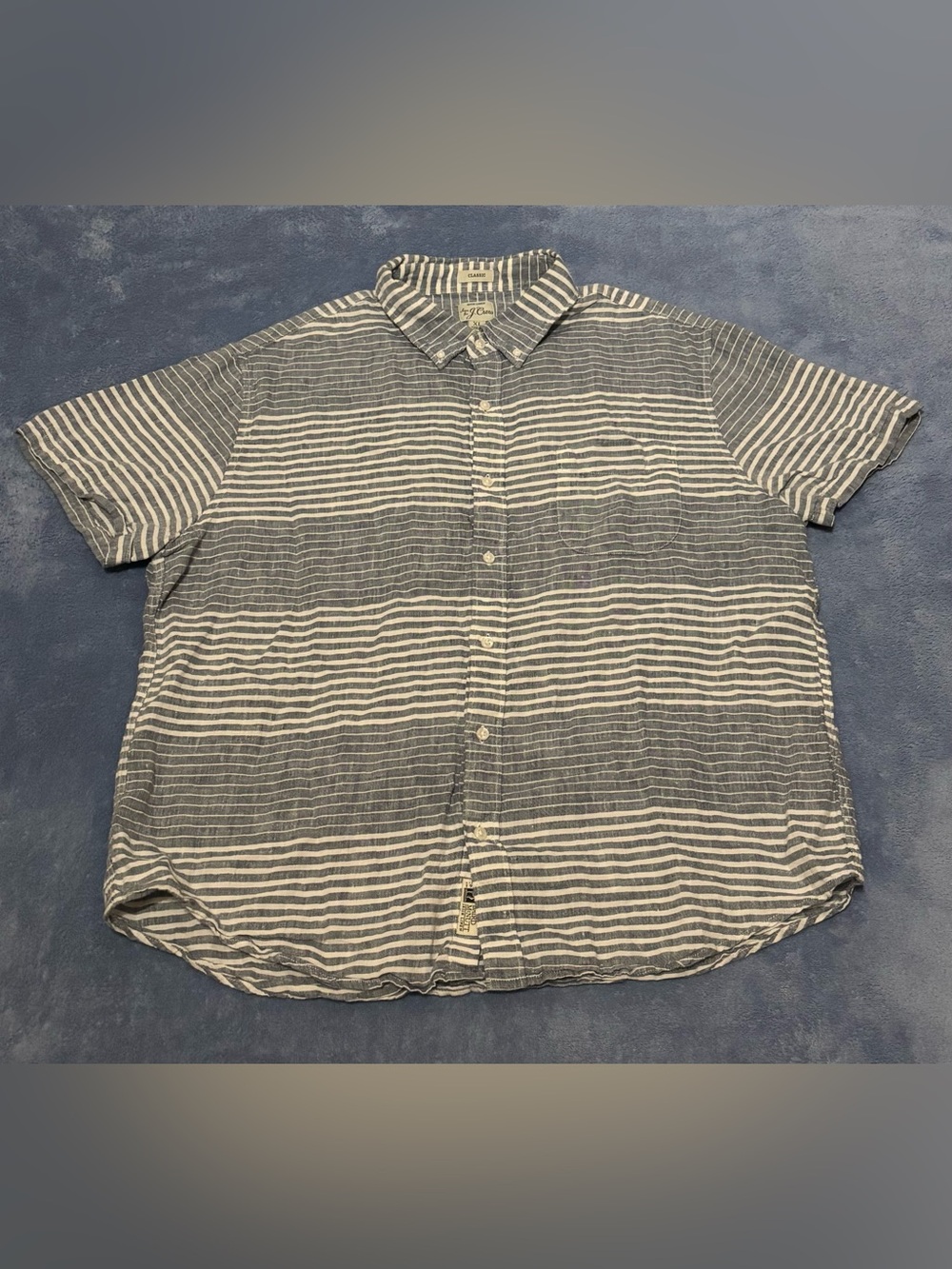 J.Crew Baird McNutt Irish Linen Shirt Mens XL Blue White Stripe Short Sleeve